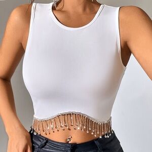 SHEIN White Crop Top with Beaded Fringe